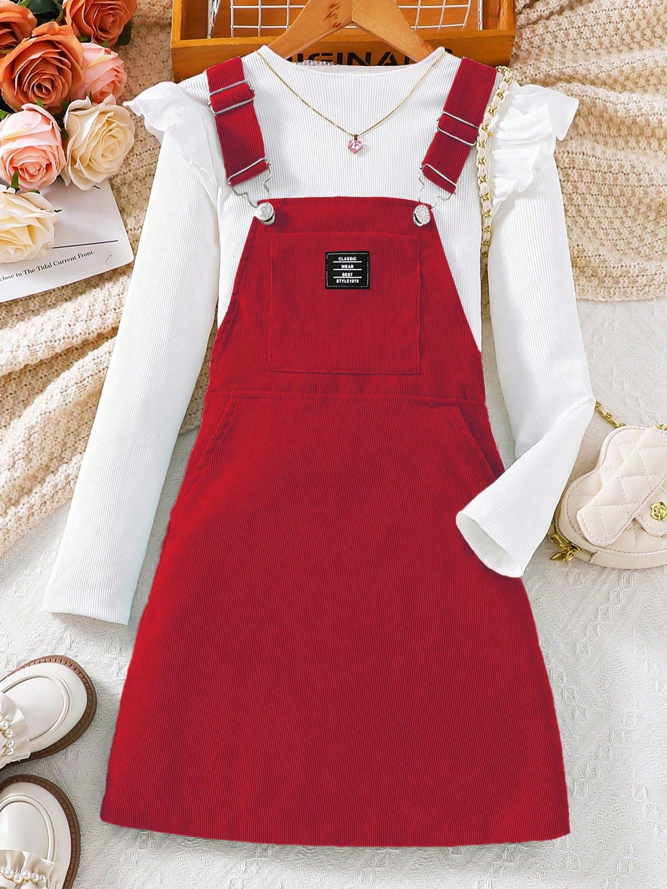 Tween Girl Letter Patched Detail Corduroy Overall Dress Without Tee