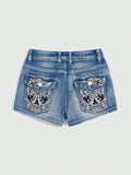 Punk Punk Style Skull Embroidered Tight Sexy Super Short Denim Shorts
