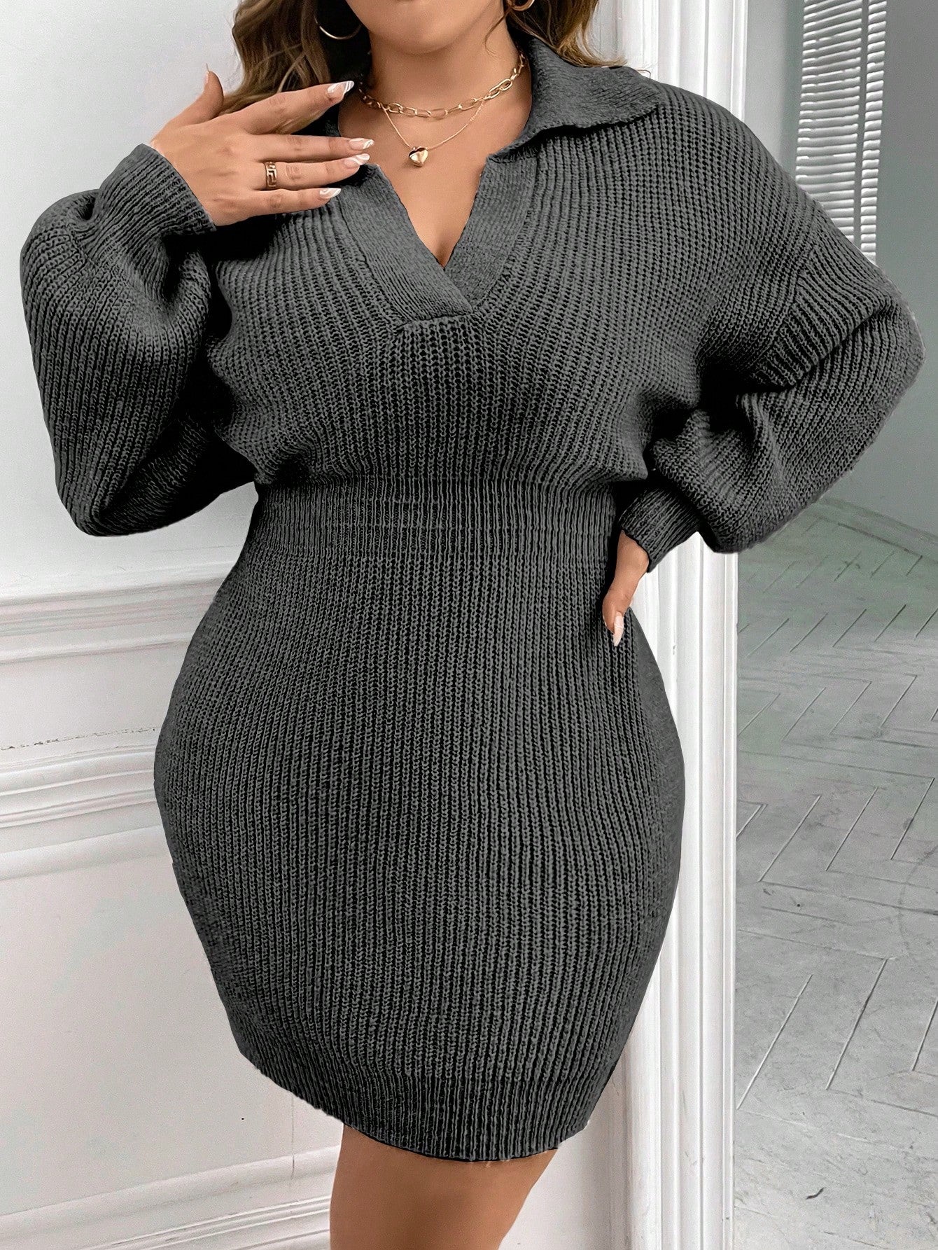 Plus Drop Shoulder Ribbed Knit Sweater Dress