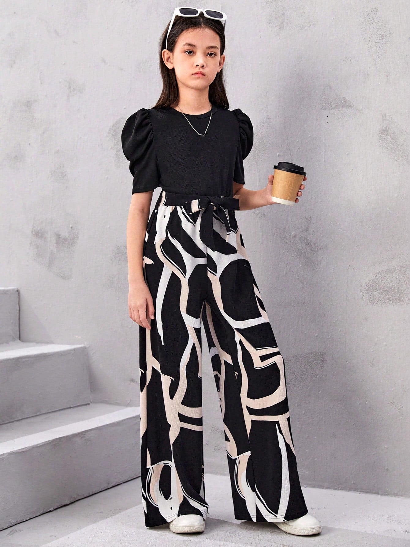 Tween Girl Fitted Casual Geometric Pattern Patchwork Short-Sleeved Wide-Leg Jumpsuit