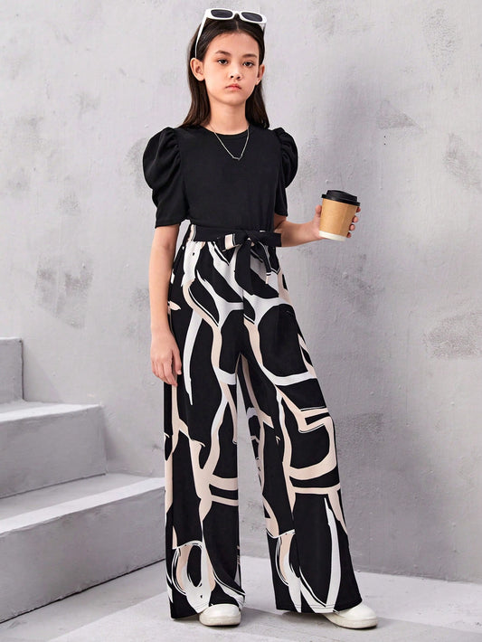 Tween Girl Fitted Casual Geometric Pattern Patchwork Short-Sleeved Wide-Leg Jumpsuit