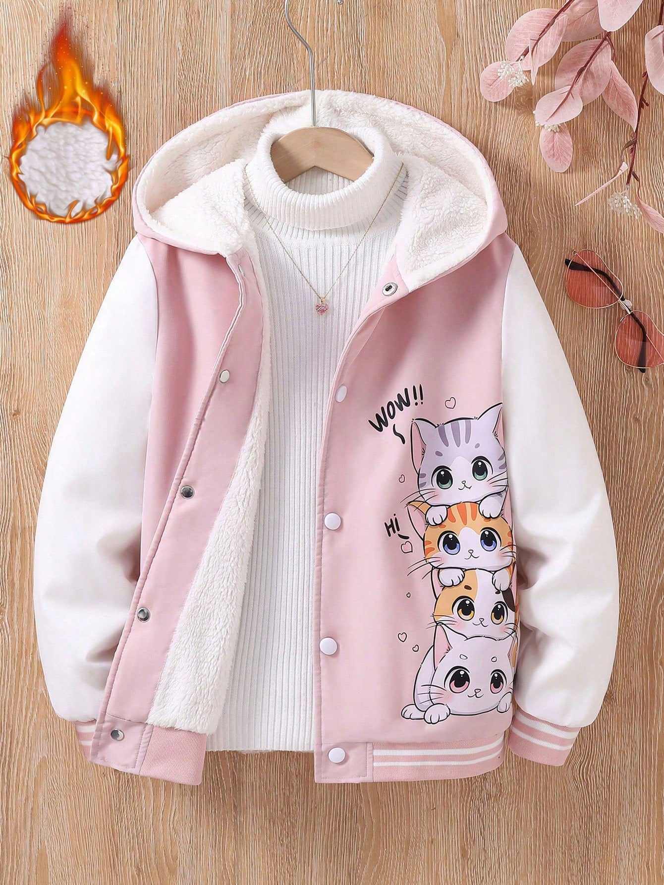 Tween Girl 1pc Cat Print Hooded Jacket With Fleece Lining