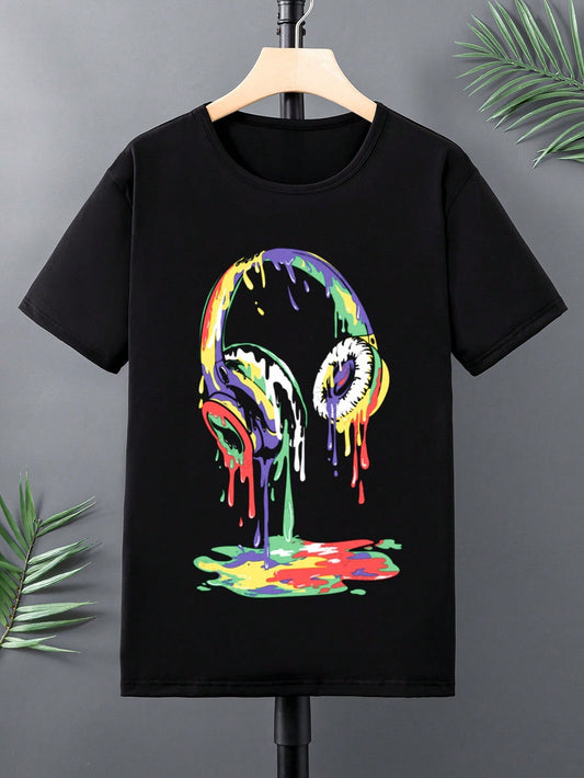 Teen Boys' Summer Short Sleeve T-shirt With Headphone Pattern