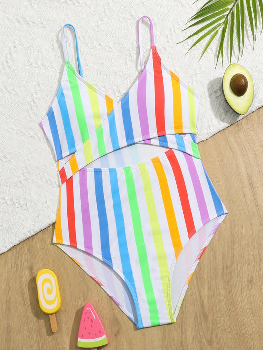 Tween Girls' Colorful Striped One-Piece Swimsuit With Spaghetti Straps