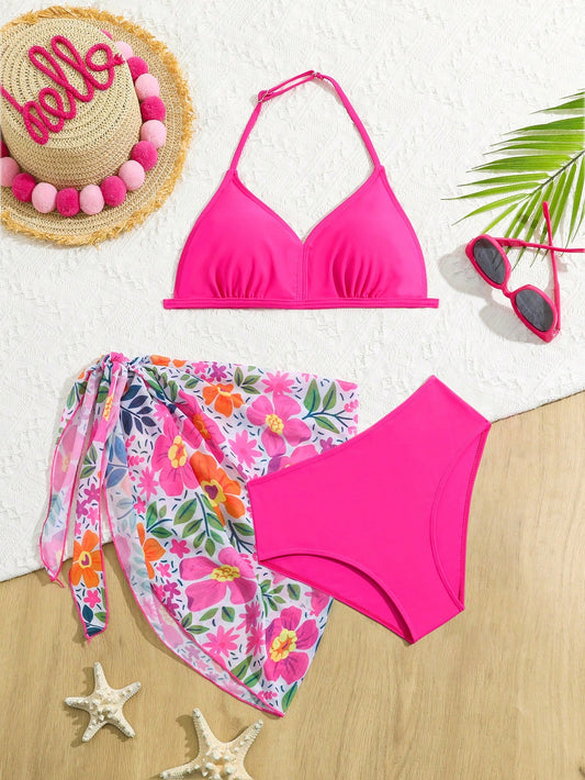 Tween Girl Solid Color Halter Bikini Set And Floral Print Bikini Set Skirt Summer Beach