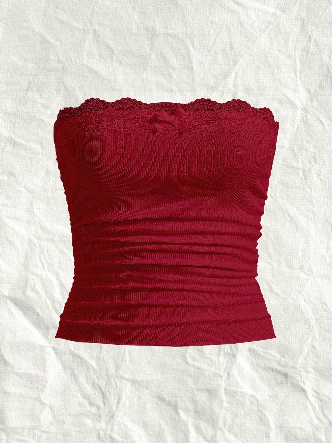 Plus Cherry Print Lace Trim Ruched Top