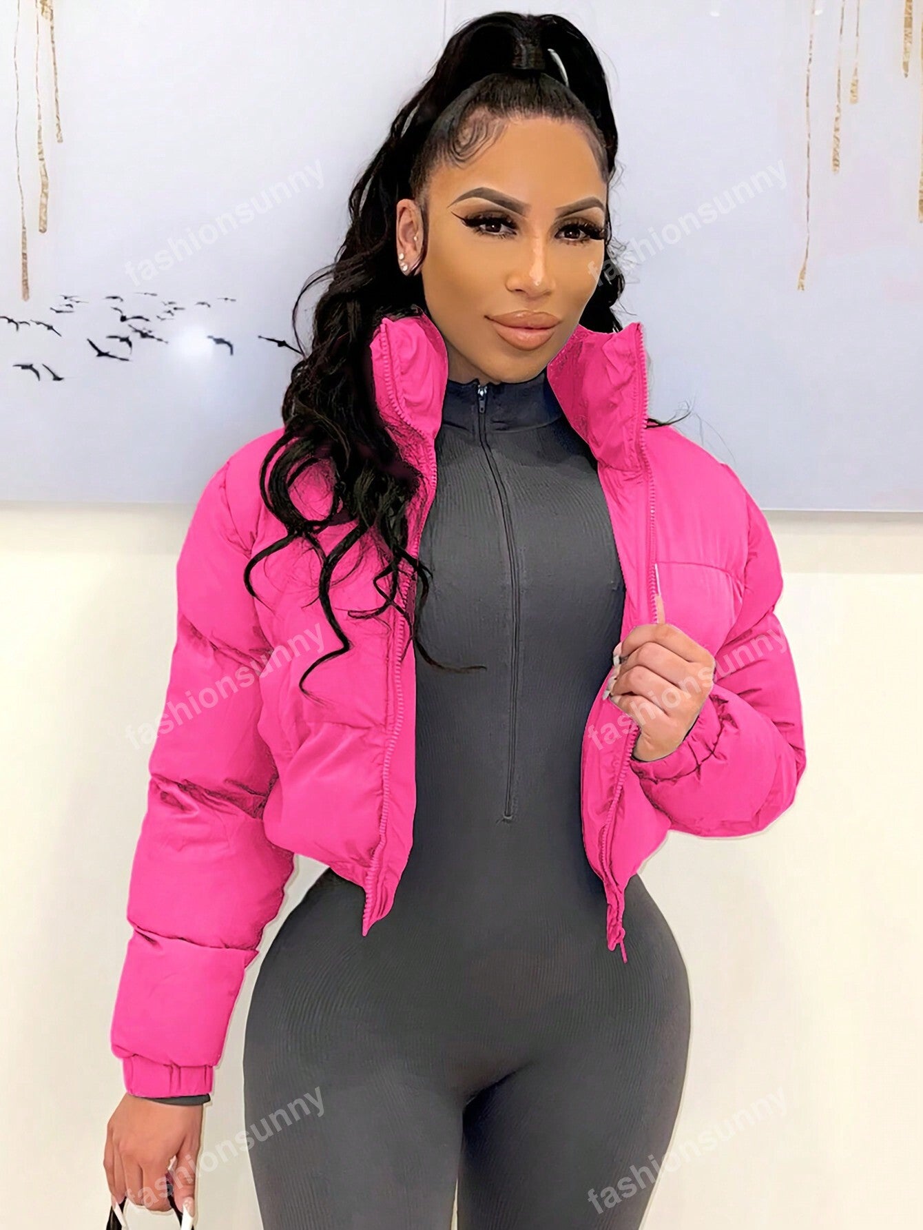 Solid Zip Up Crop Winter Coat