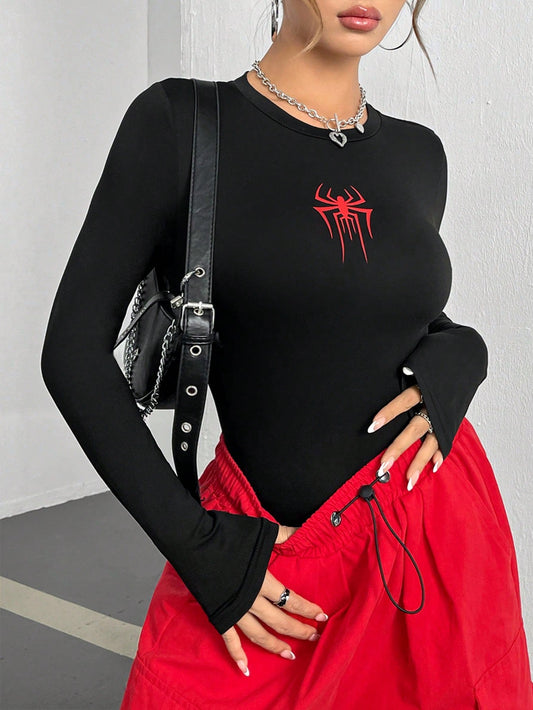 Women's Knitted Base Spider Print T-Shirt-Black