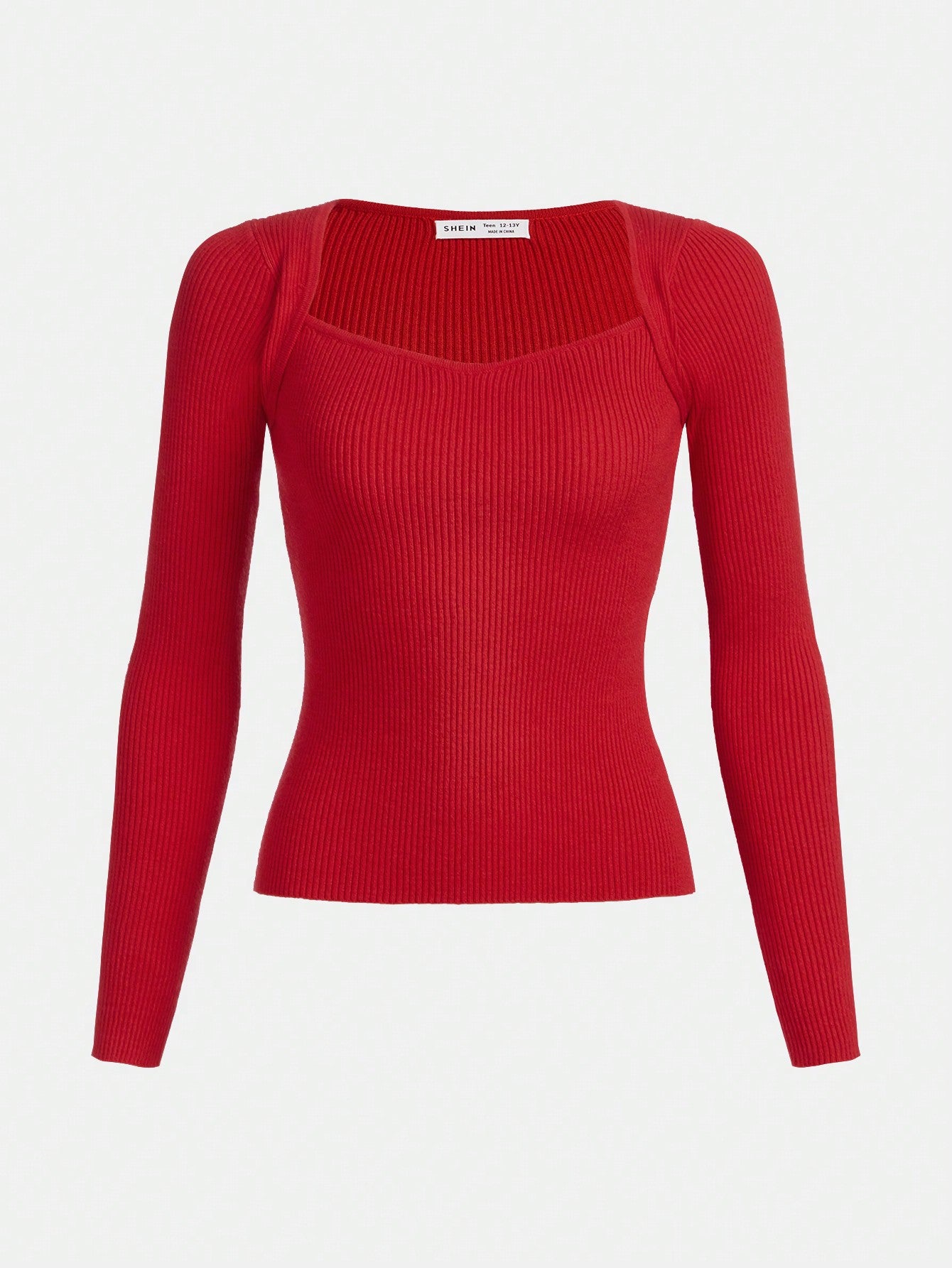 Teen Girl Solid Color Sweetheart Neck Ribbed Knit Sweater