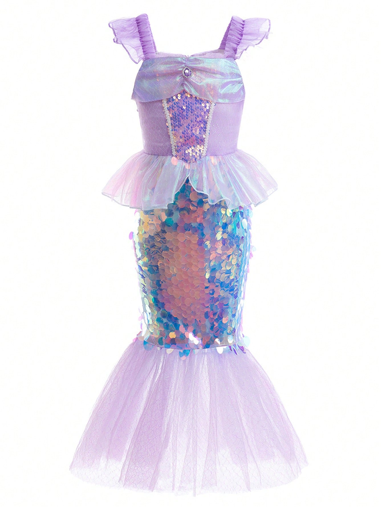 Young Girl Sparkly Fish Tail Cap Sleeve Mesh Dress With Ruffle Trim, Ideal For Performances, Parties & Evening Events