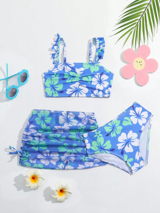 Young Girl 3pcs Floral Printed Swimwear Set With Separated Bikini Set And Skirt Summer Beach