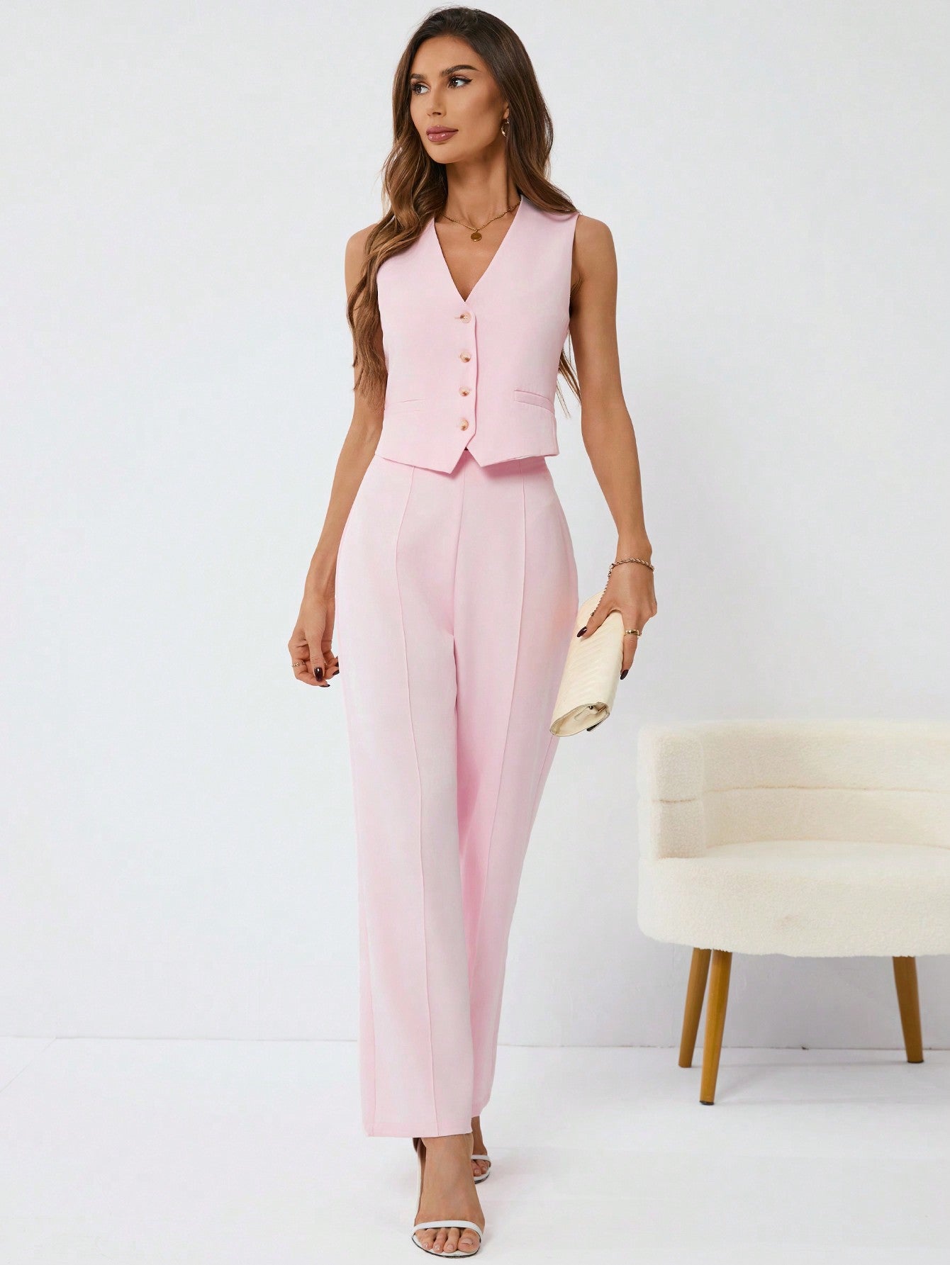 Women'S Solid Color Button Up Suit Vest With Straight Leg Pants 2pcs/Set