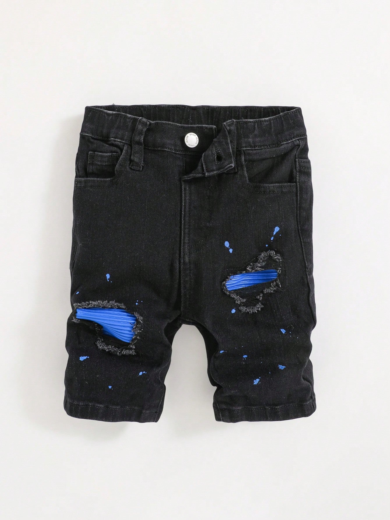 Young Boy Ripped Frayed Color Block Skinny Denim Shorts, For Spring And Summer Young Boy Outfits