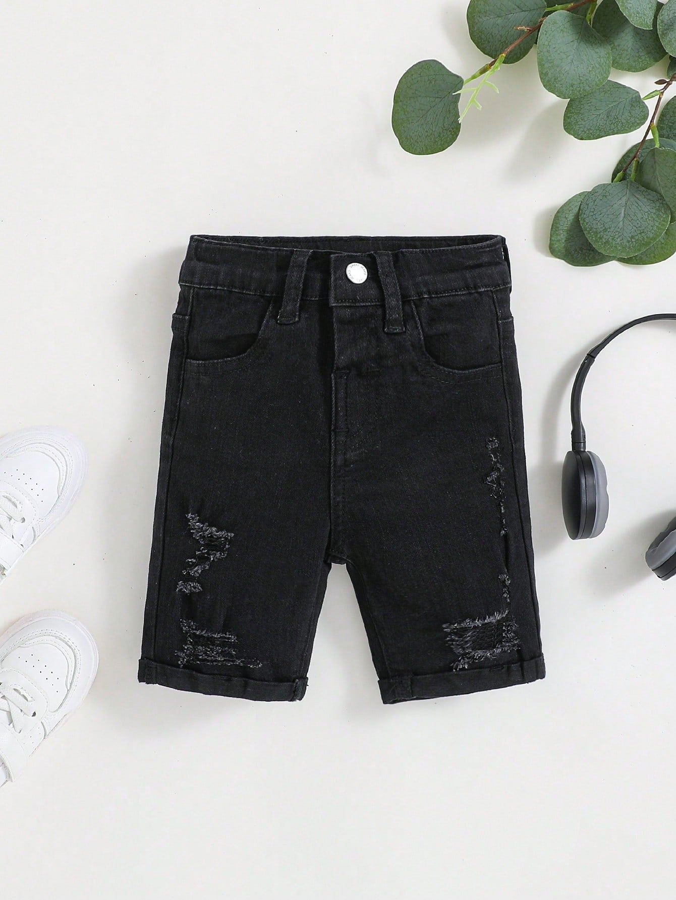 Young Boy Ripped Frayed High Stretch Washed Black Denim Shorts , For Summer