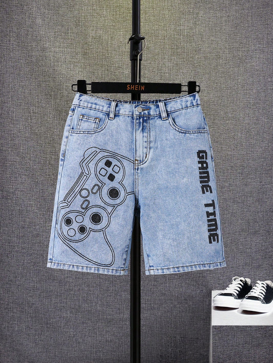 Tween Boys' Comfortable Fashionable Blue Denim Shorts With Gamepad & Letter Print, Straight Leg, Perfect For Spring And Summer Outfits