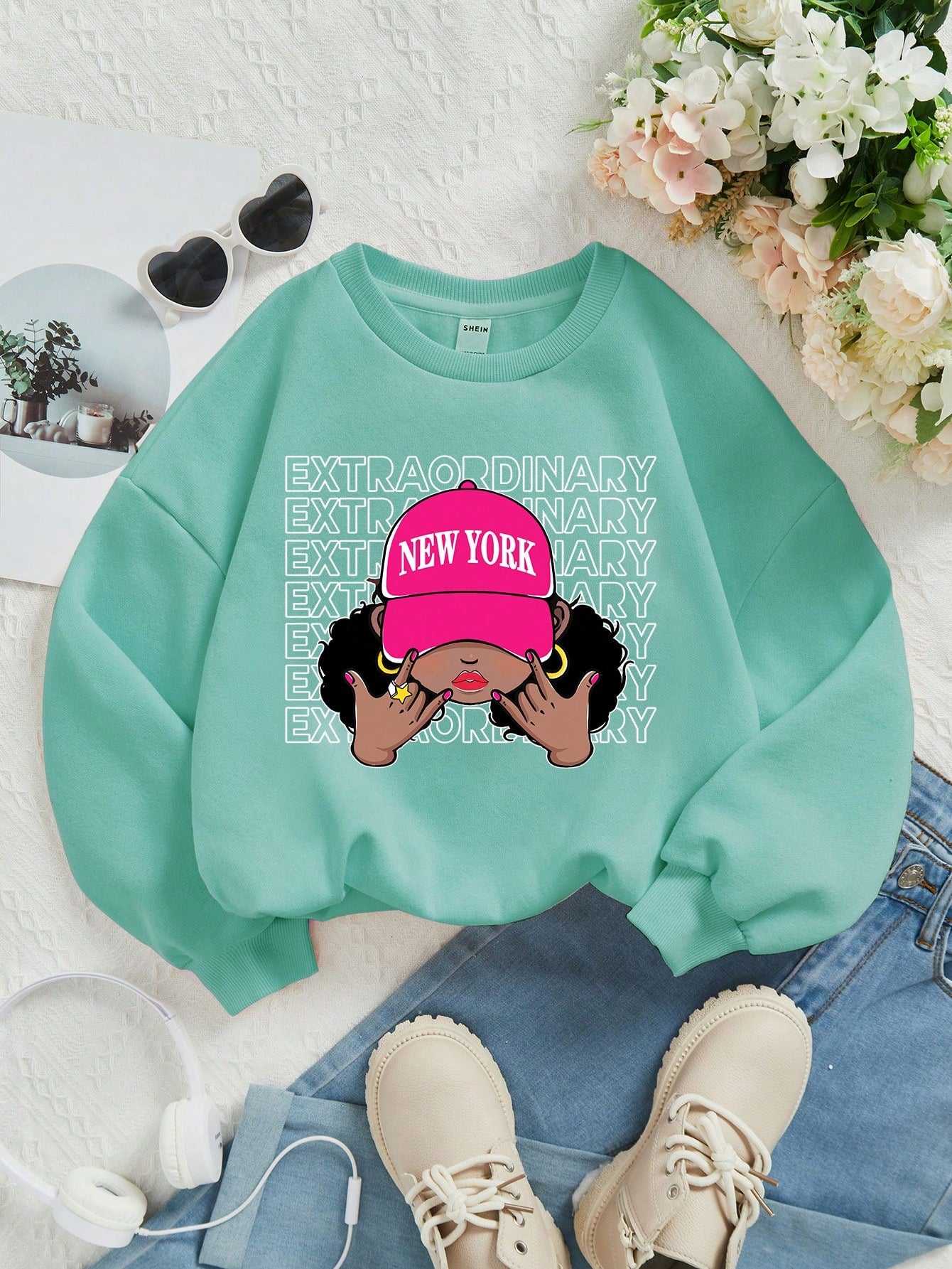 Young Girls Casual Trendy "ADVENTURE 90" Print White Cozy Knit Crew Neck Long Sleeve Pullover Sweatshirt For Fall/Winter