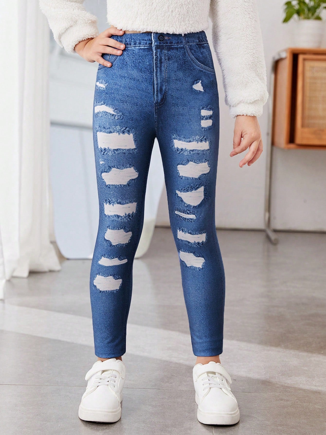 Young Girl Fashionable Denim-Effect Print Leggings