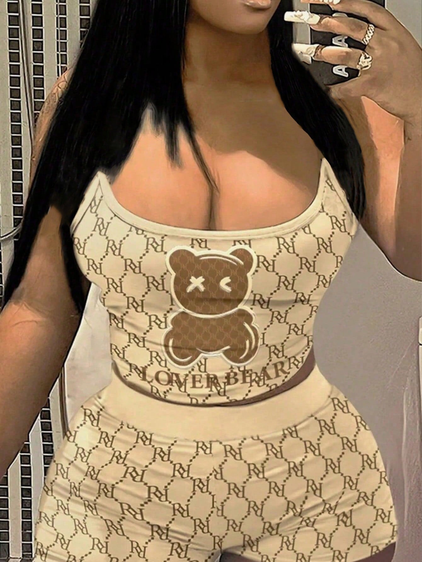 Women's Letter & Bear Printed Sexy Tank Top And Shorts Set