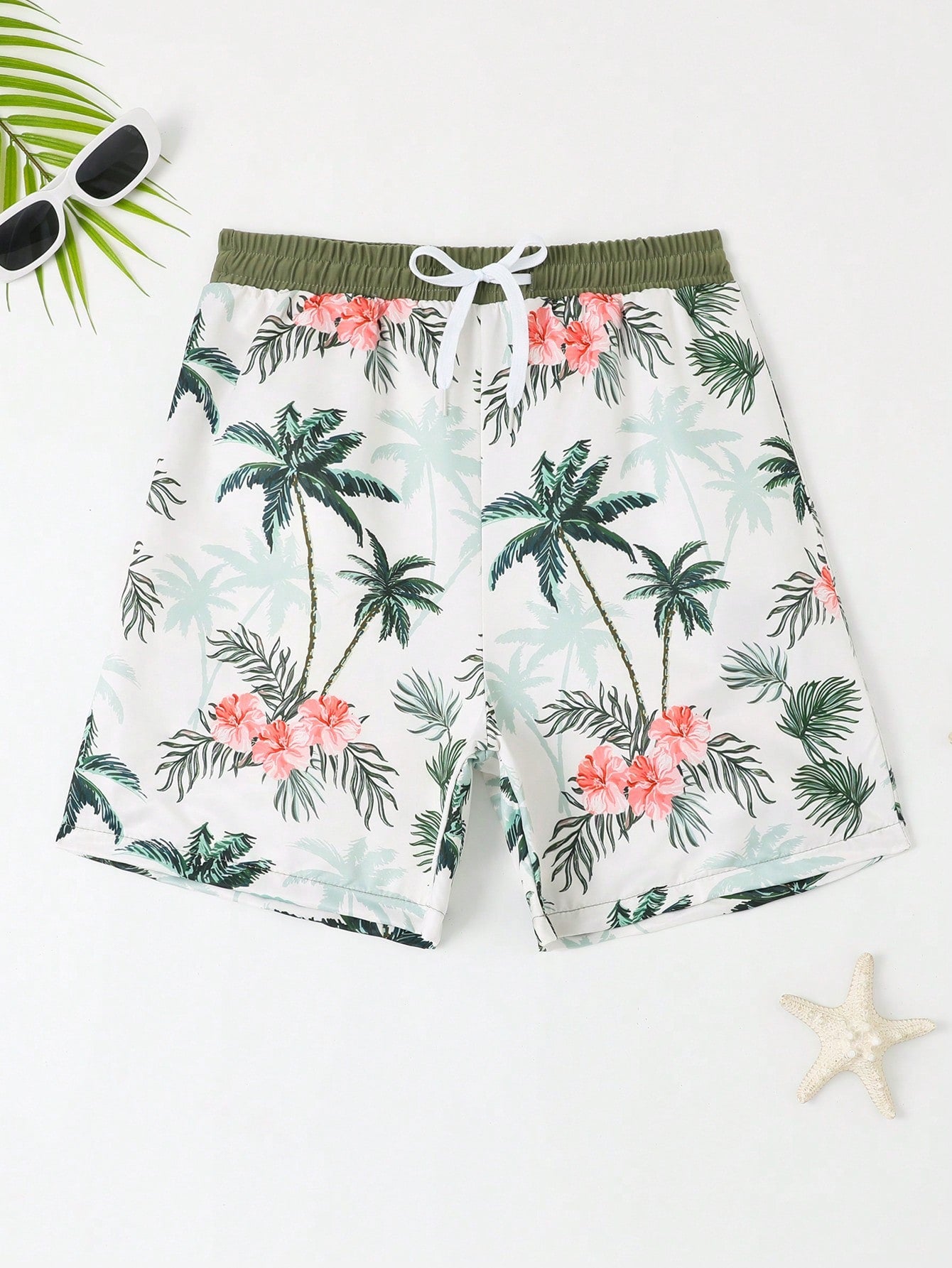 Tween Boys Plant & Flower Printed Swim Trunks, Beach Shorts