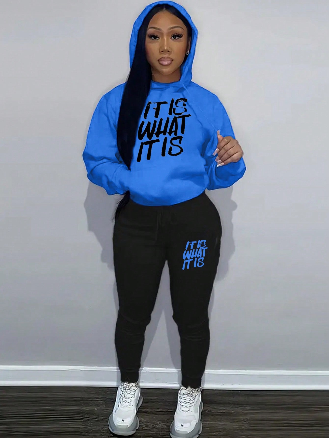 Women's Hooded Sweatshirt And Sweatpants Set With Slogan Print