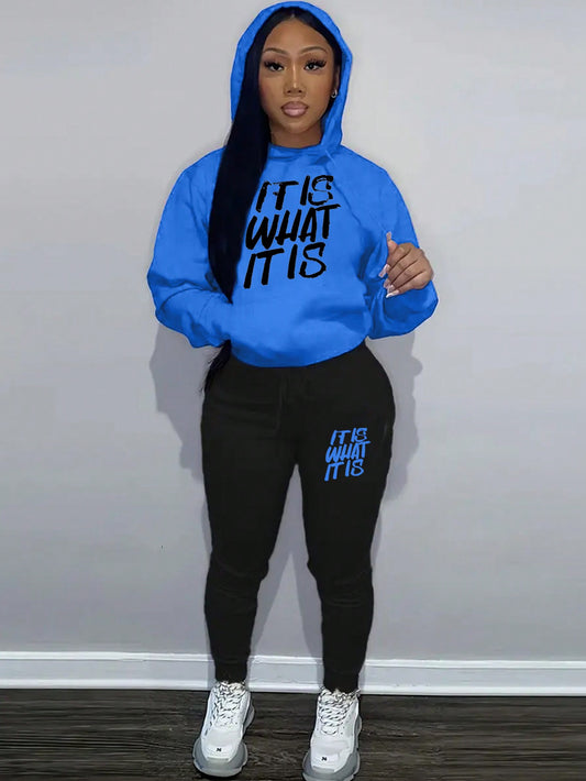 Women's Hooded Sweatshirt And Sweatpants Set With Slogan Print