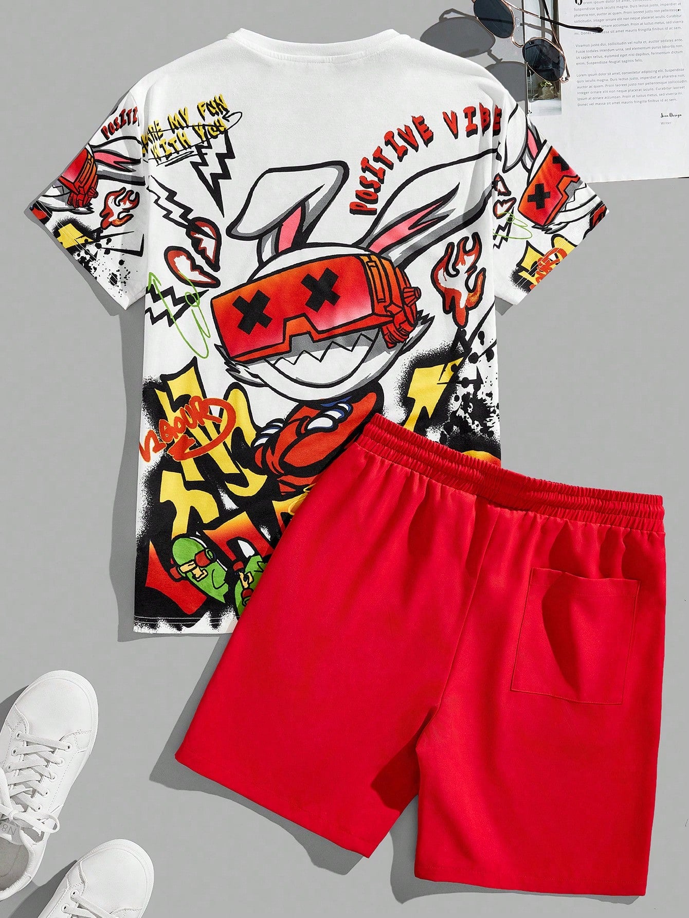 Men'S Cartoon Printed Knit Casual Short Sleeve Anime T-Shirt And Shorts Set