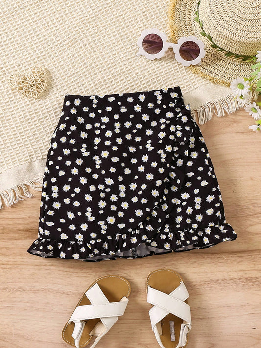 Young Girl Floral Print Ruffle Hem Wrap Skirt