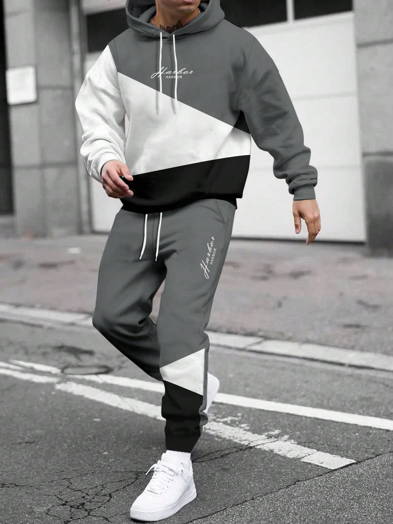 Men's Hooded Contrast Color Drawstring Sweatshirt And Jogger Pants Set