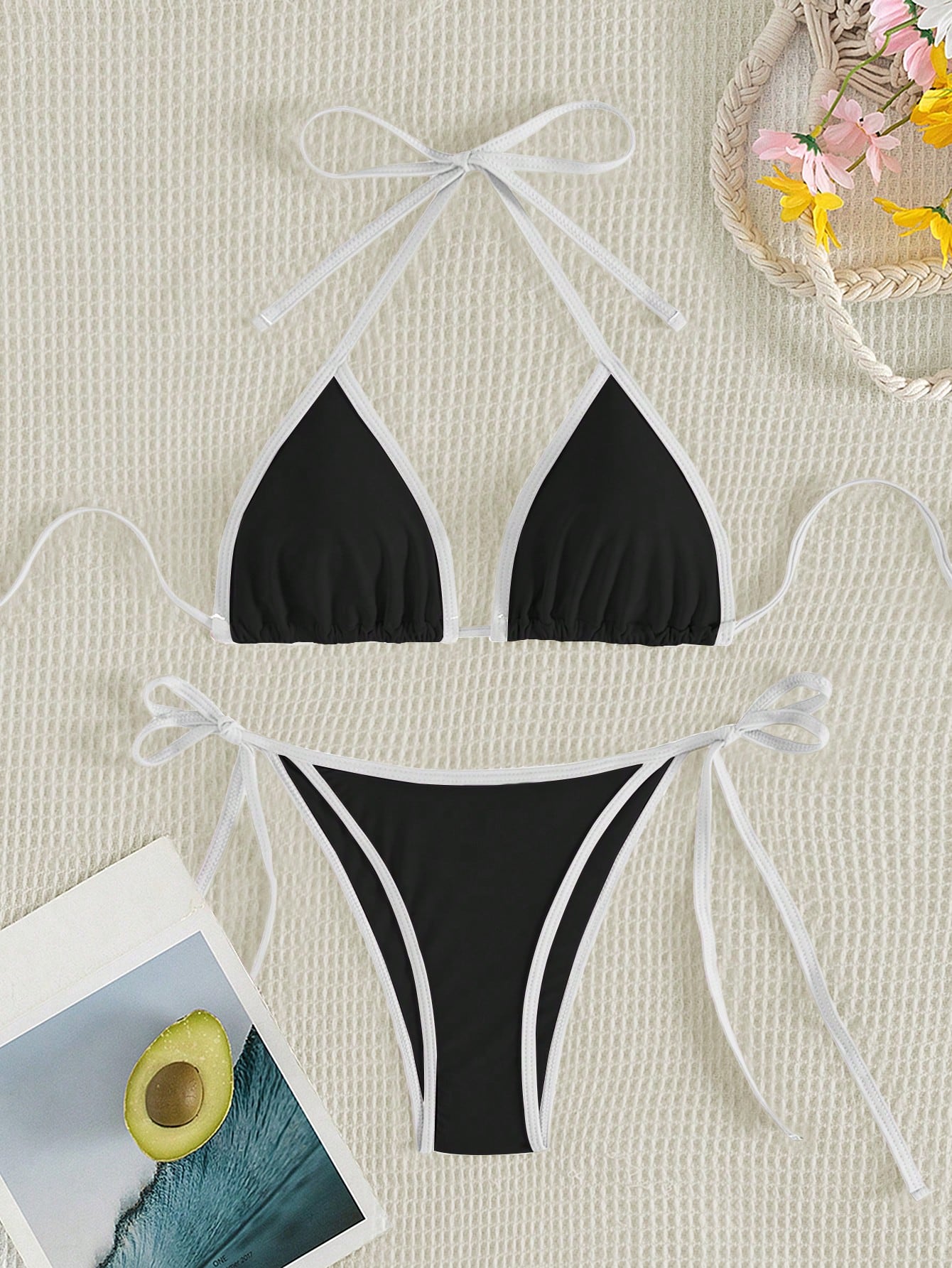 Swim Ladies Sexy Colorblock Halter Neck Tie Bikini Set For Vacation,Summer Beach