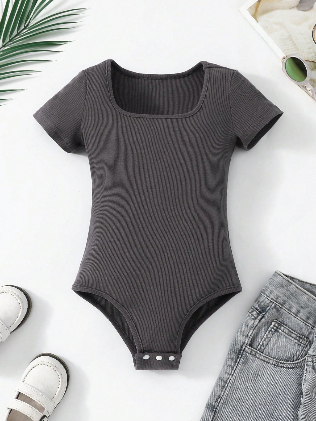 Tween Girl Knitted Ribbed Brown Bodysuit, Y2K Style Suitable For Daily Wear