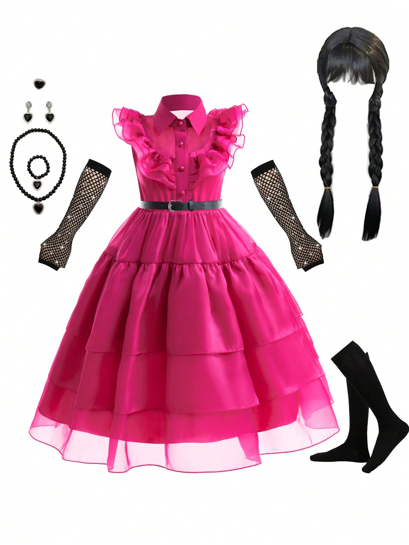 Blossomsprite Kids Young Girl Ruffle Trim Gown Dress & Wig & Rings & Bracelet & Necklace & Earrings & Gloves & Belt & Socks