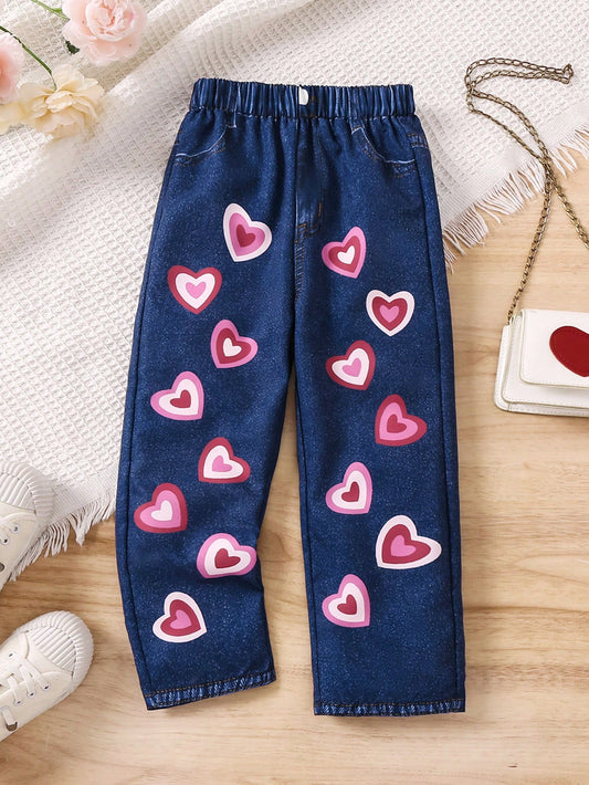 Young Girl Heart And Denim-Effect Print Pants