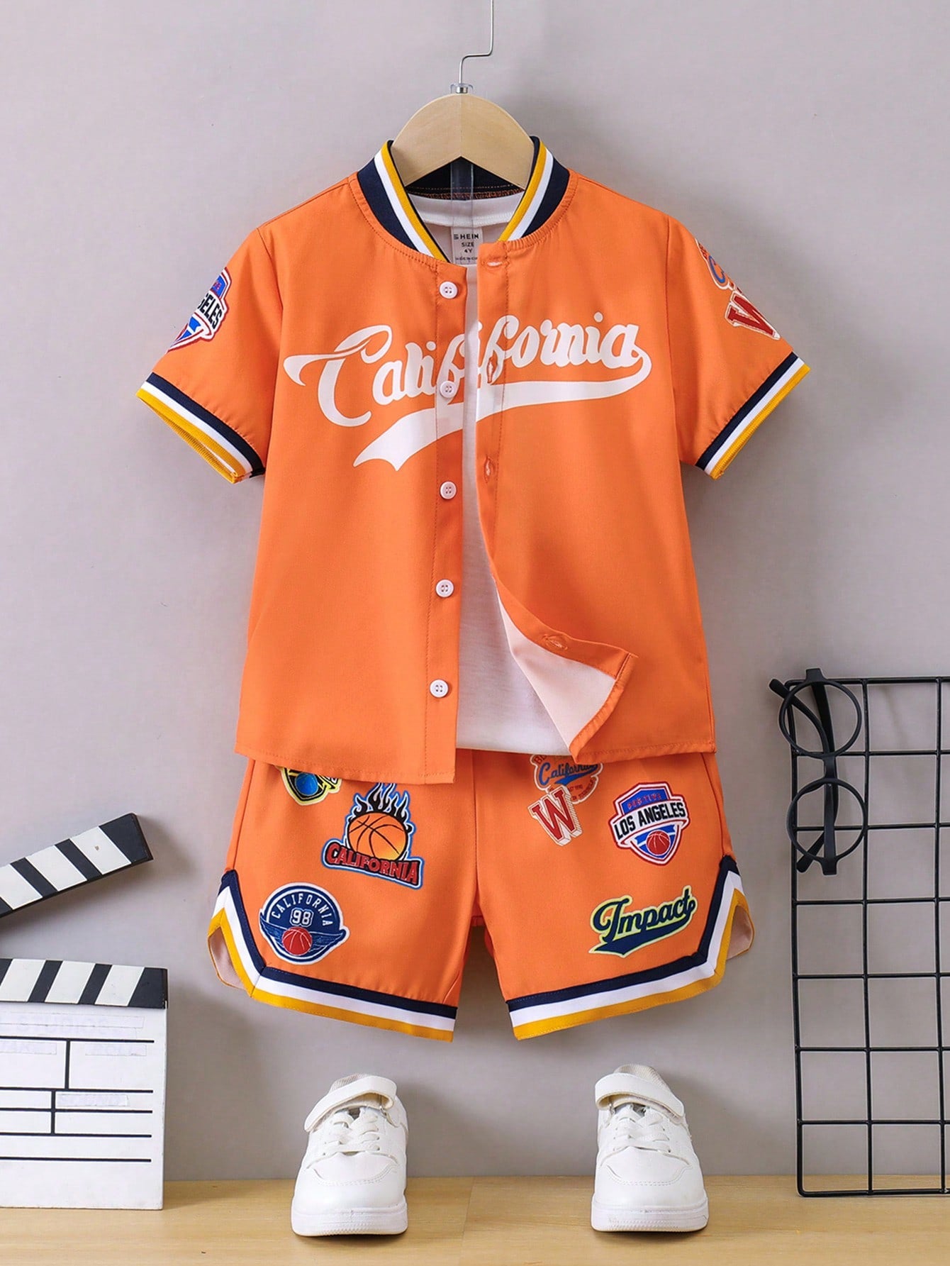 Young Boy Letter Graphic Striped Trim Baseball Collar Shirt & Shorts Without Tee