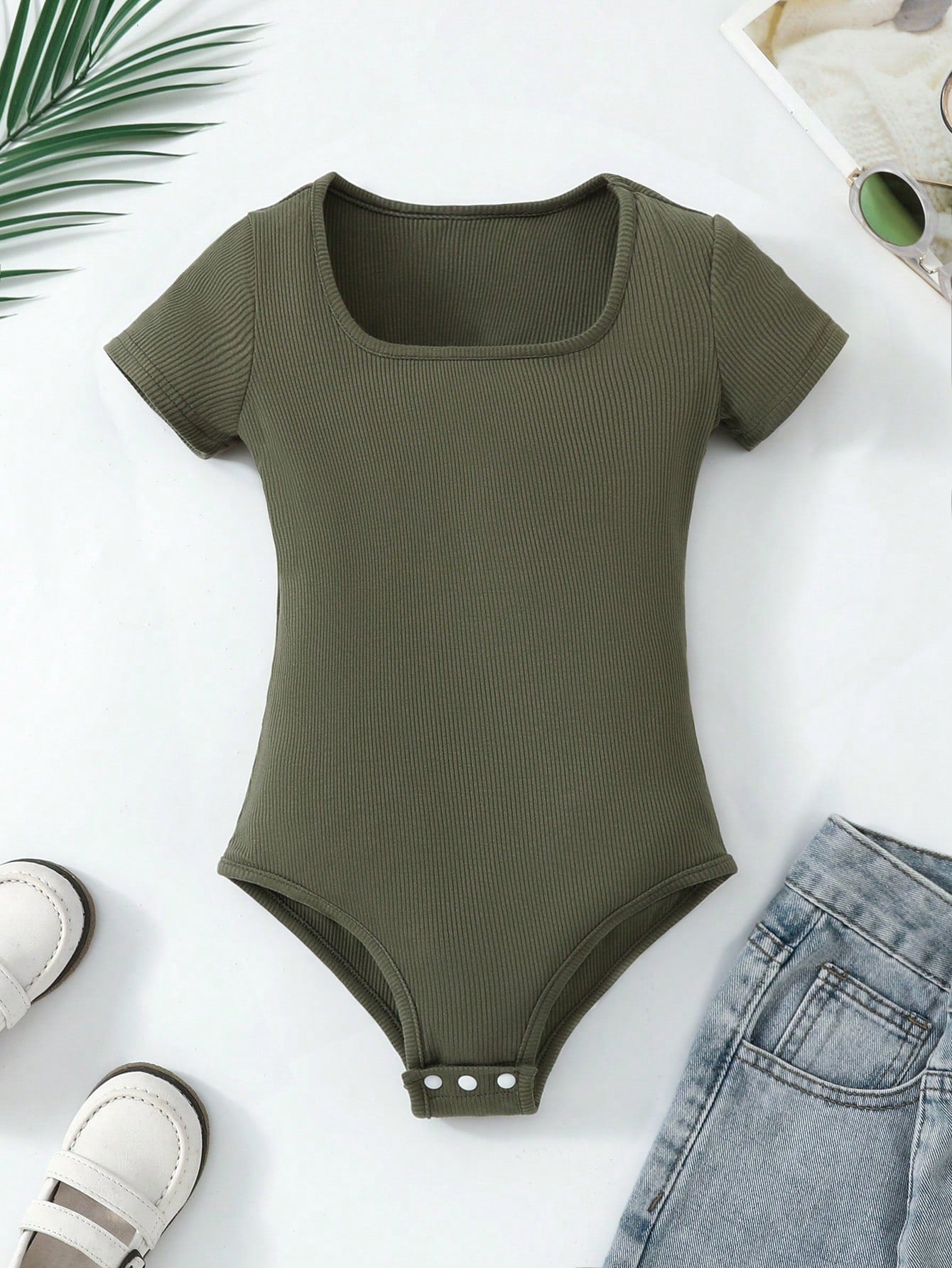 Tween Girls' Knitted Bodysuit, Solid Color, Street Style, Military Green, Short Sleeve, Spring/Summer