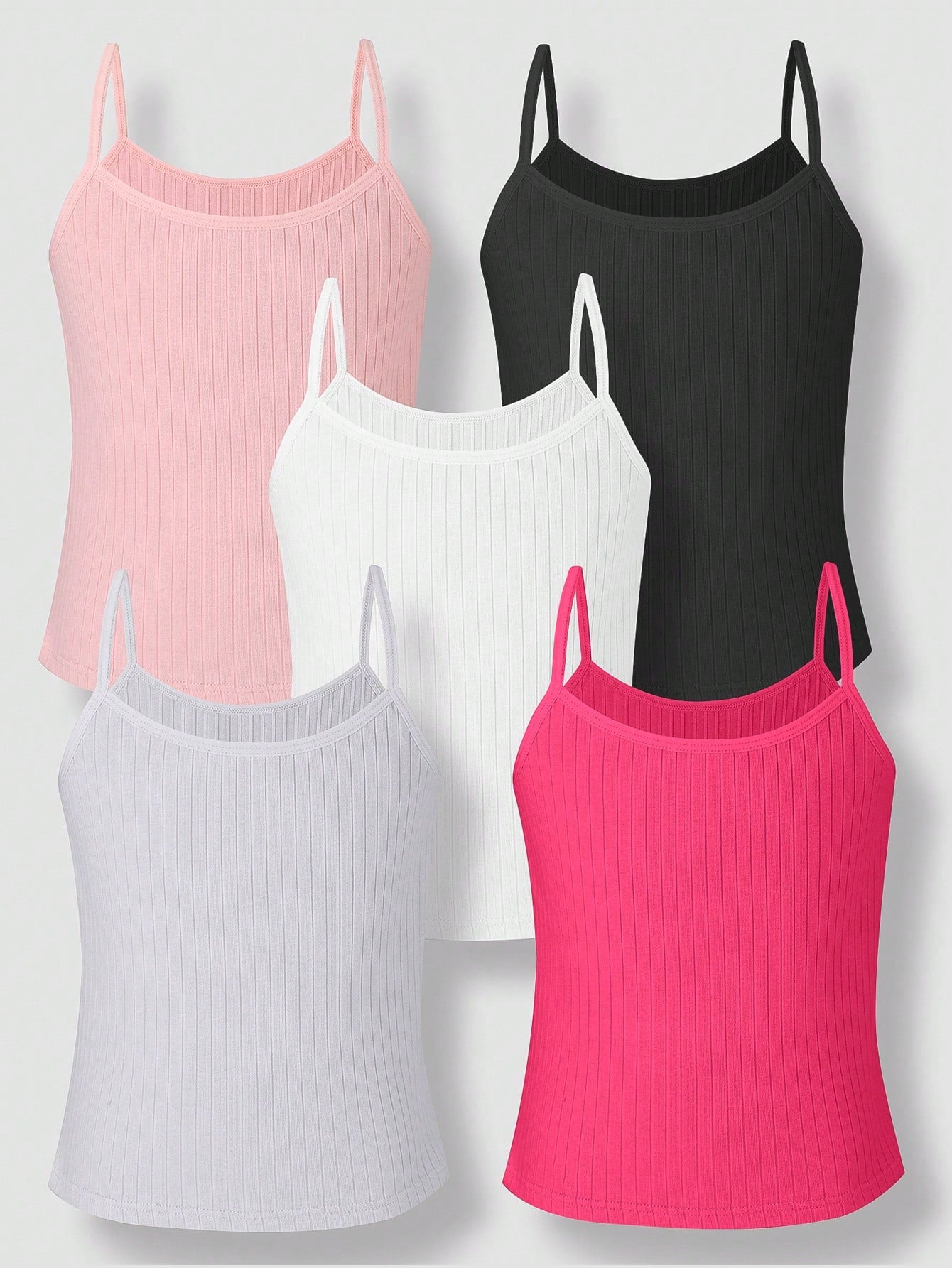 Young Girl Solid Color Ribbed Tank Top, Casual Underwear, Multi-Pack