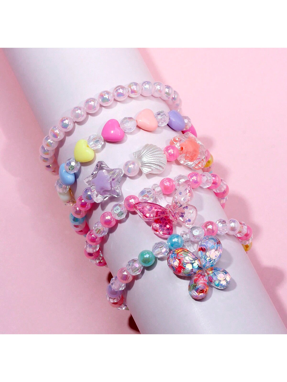 5pcs/set Girl's Resin Butterfly Pendant Charm Beaded Bracelets Set With Random Bead Colors