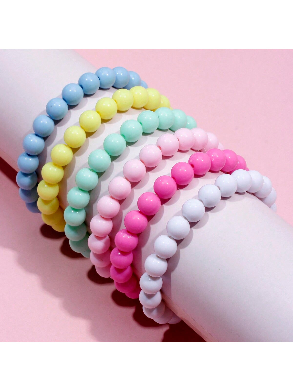 6pcs 8mm Colorful Beaded Charm Bracelets Jewelry Set For Girls, Random Color