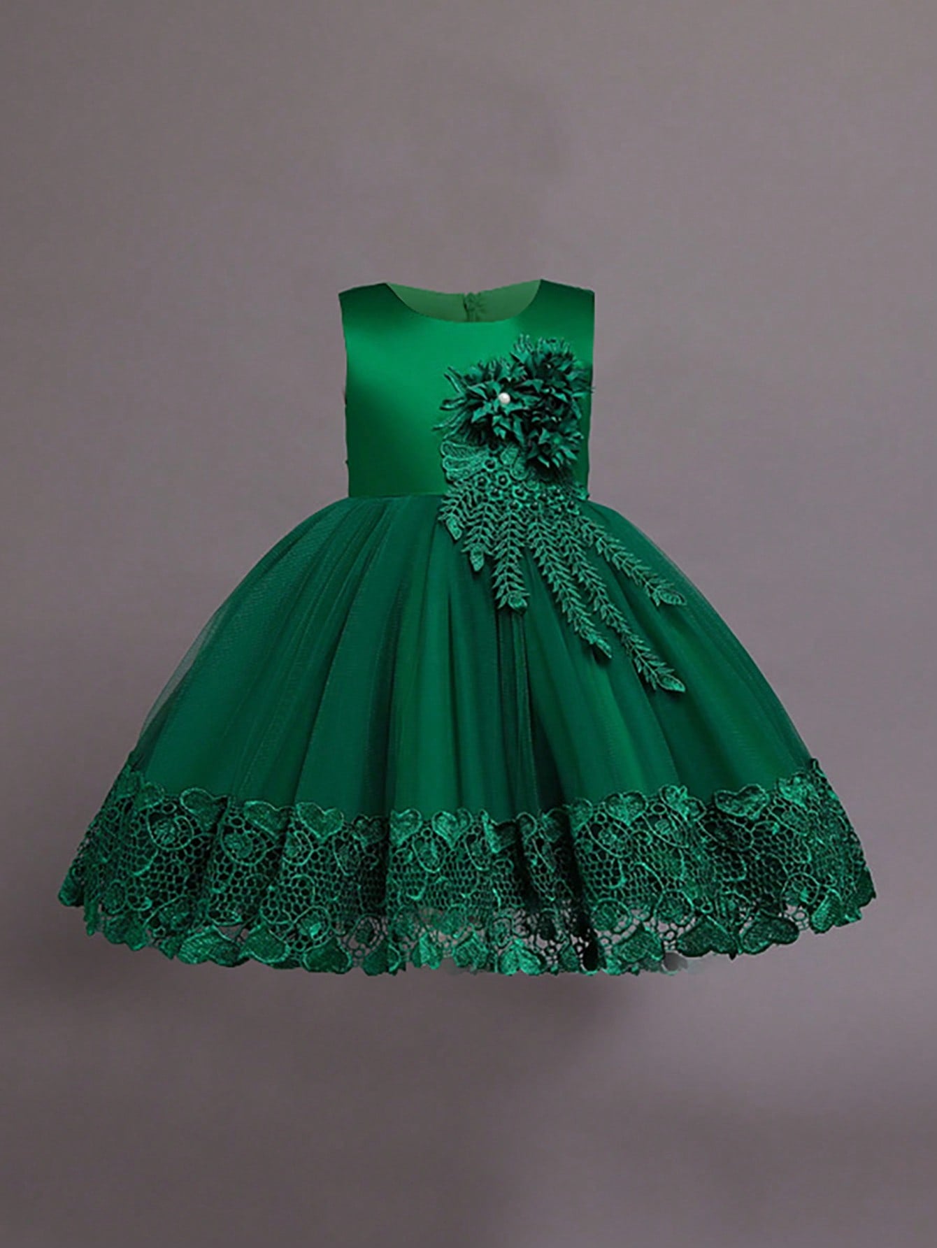 Young Girl Solid Color Sleeveless Dress With Mesh & Lace Splicing, 3D Floral Decoration, Round Neckline, Fit For Attend Party