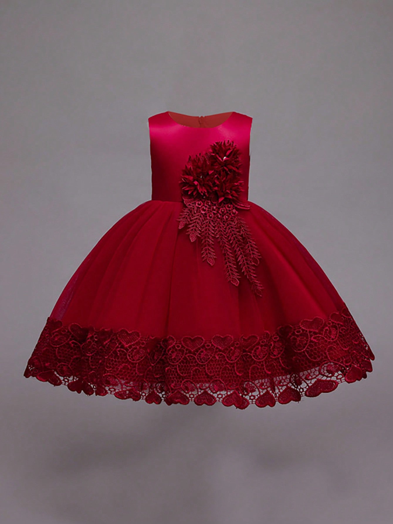Young Girl Solid Color Sleeveless Dress With Mesh & Lace Splicing, 3D Floral Decoration, Round Neckline, Fit For Attend Party
