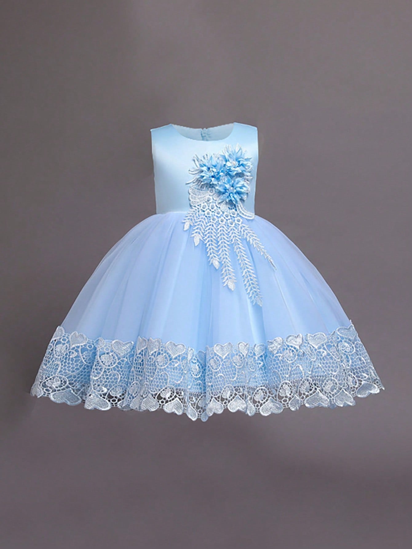 Young Girl Solid Color Sleeveless Dress With Mesh & Lace Splicing, 3D Floral Decoration, Round Neckline, Fit For Attend Party