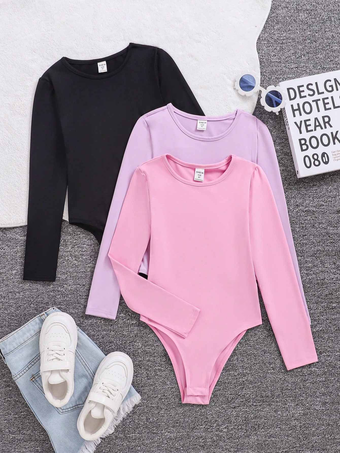 Tween Girl Three-Piece Knitted Solid Color Round Neck Fitted Casual Bodysuits