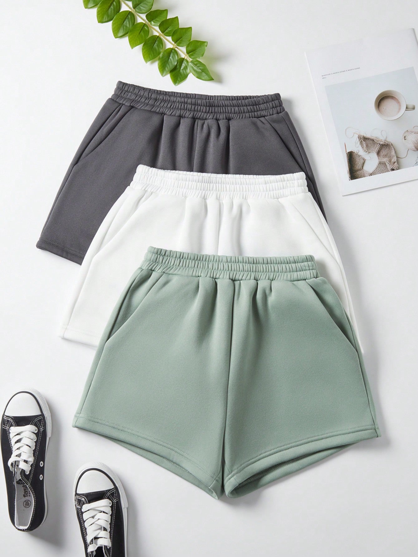 3pcs Solid Elastic Waist Track Shorts