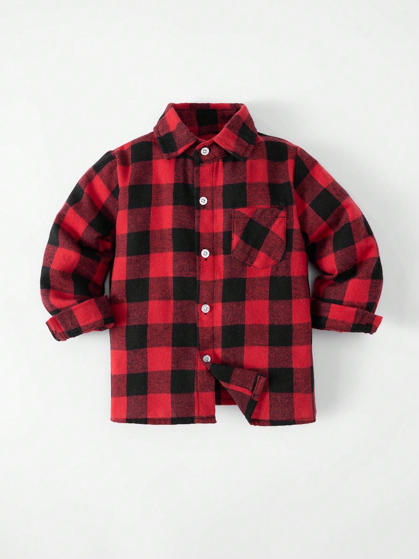 Young Boy Classic Street Style Red & Black Plaid Long Sleeve Shirt