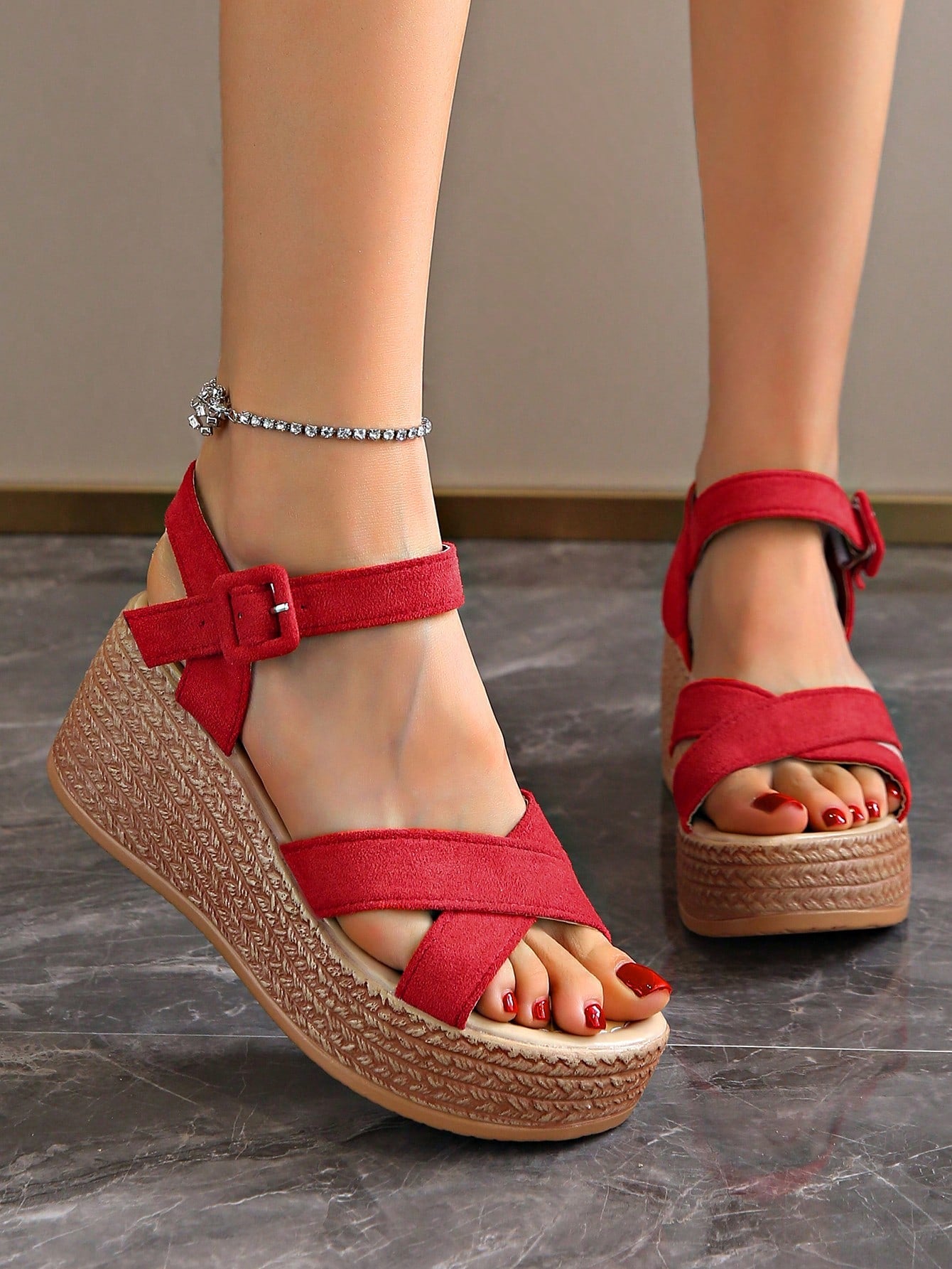 Simple & Lightweight Thick-Soled Red Waterproof Platform High-Heeled Sandals For Women Summer