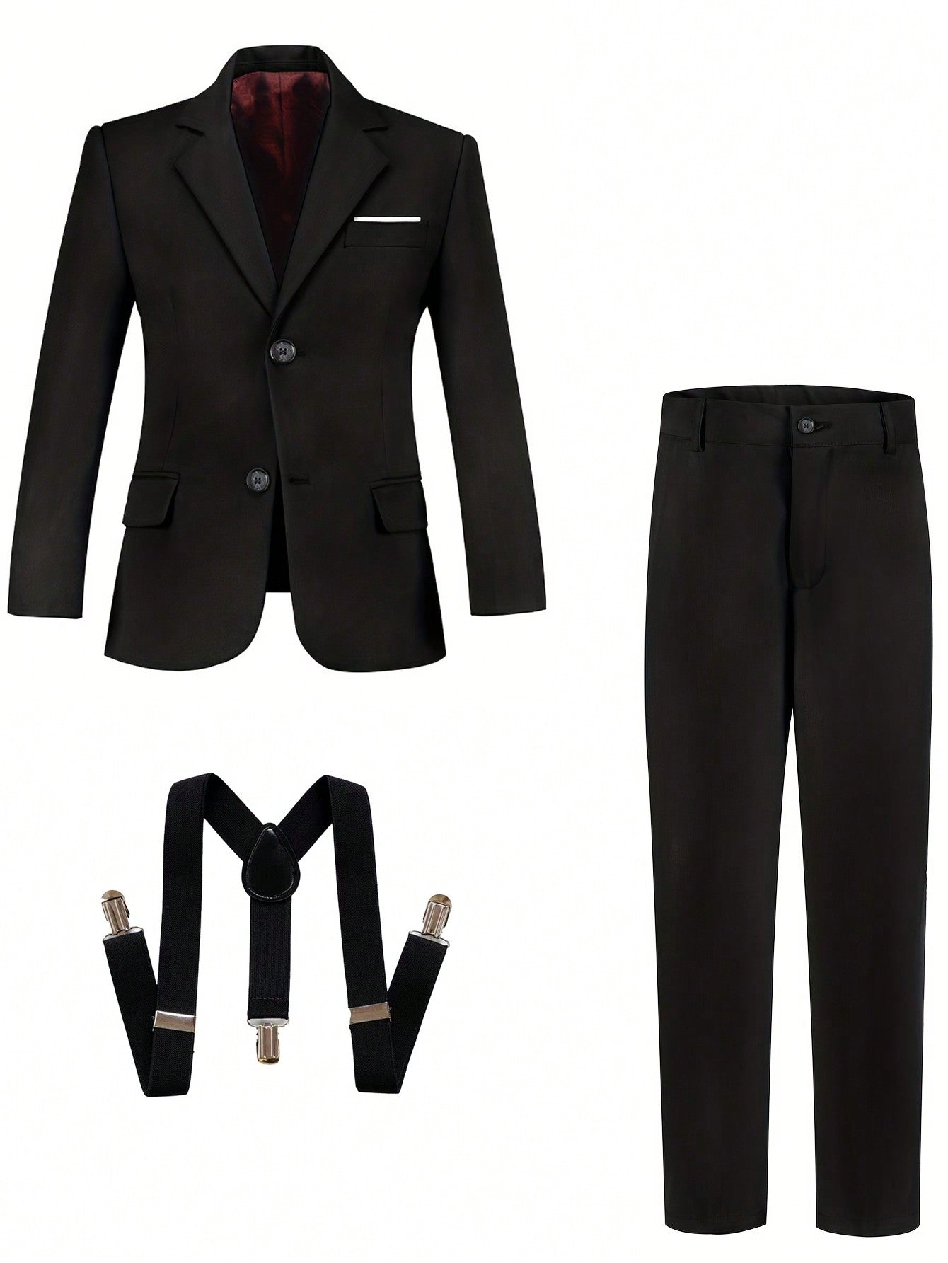 Tween Boy Handsome Navy Blue Three-Piece Suit Set With Suit Jacket, Pants And Suspenders