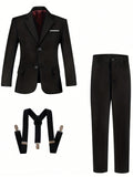 Back-To-School Season, Tween Boy Handsome Slim Fit Black Three-Piece Suit Set, Including Suit, Pants, And Suspenders