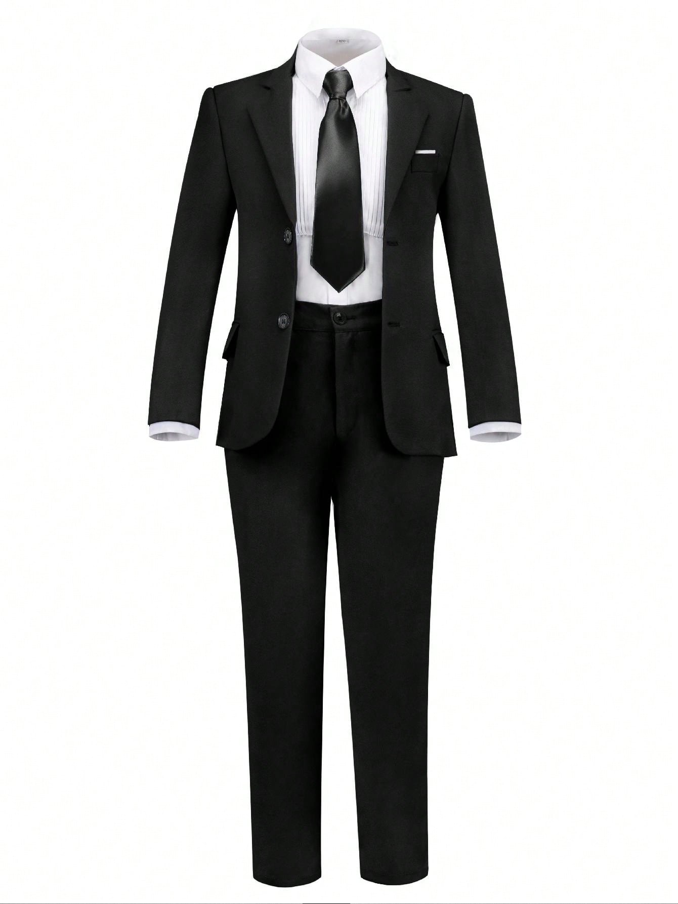 Tween Boy Three-Piece Stylish Black Suit Set With Suit, Pants And Suspenders