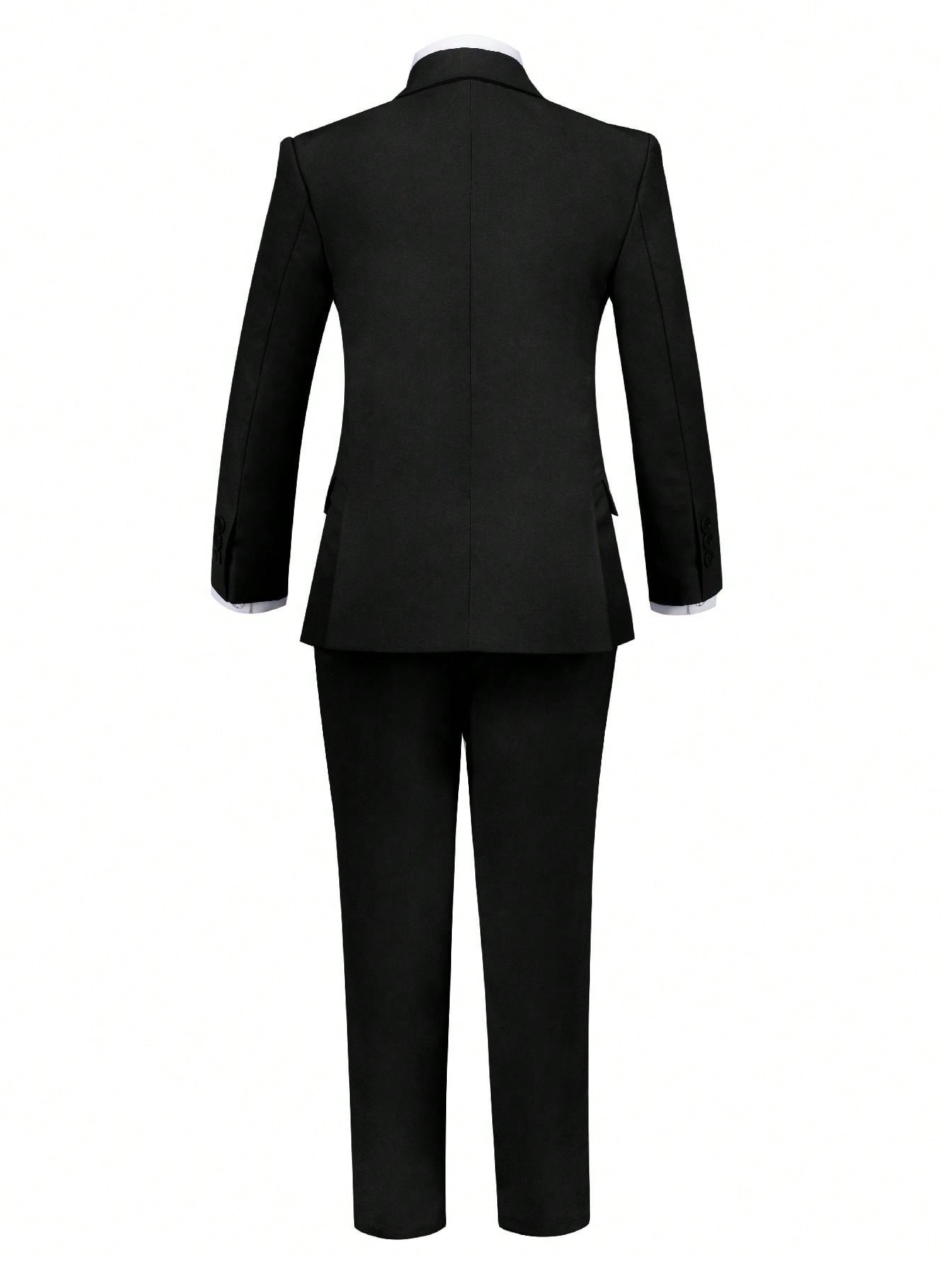 Tween Boy Three-Piece Stylish Black Suit Set With Suit, Pants And Suspenders