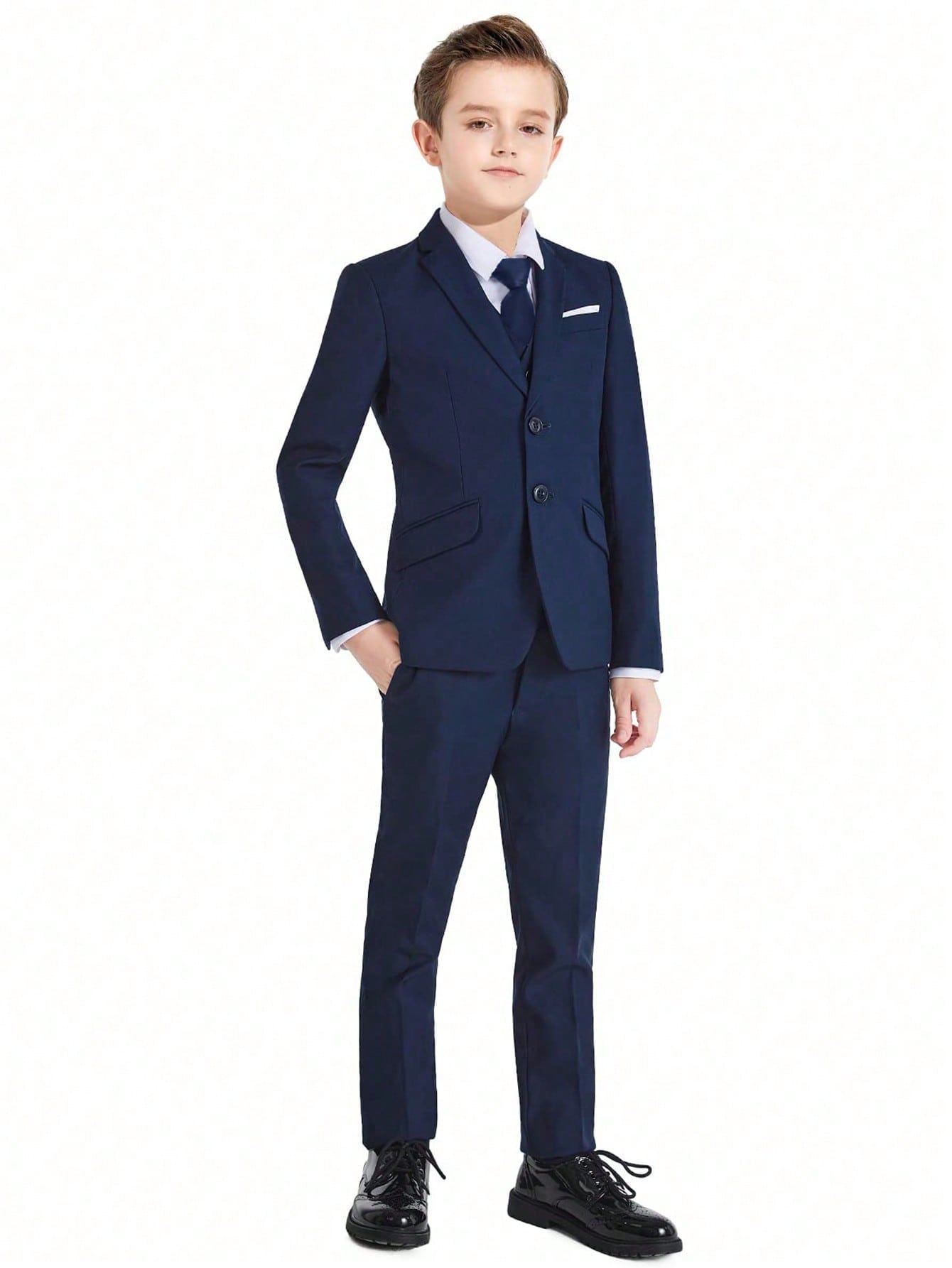 Tween Boy Handsome Navy Blue Three-Piece Suit Set With Suit Jacket, Pants And Suspenders