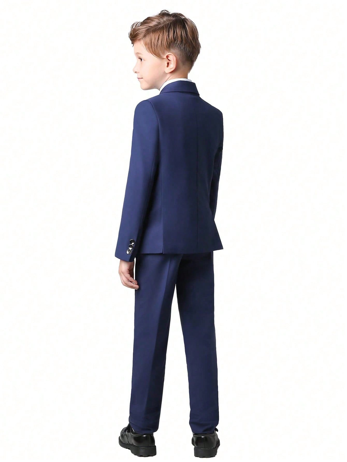 Tween Boy Handsome Navy Blue Three-Piece Suit Set With Suit Jacket, Pants And Suspenders